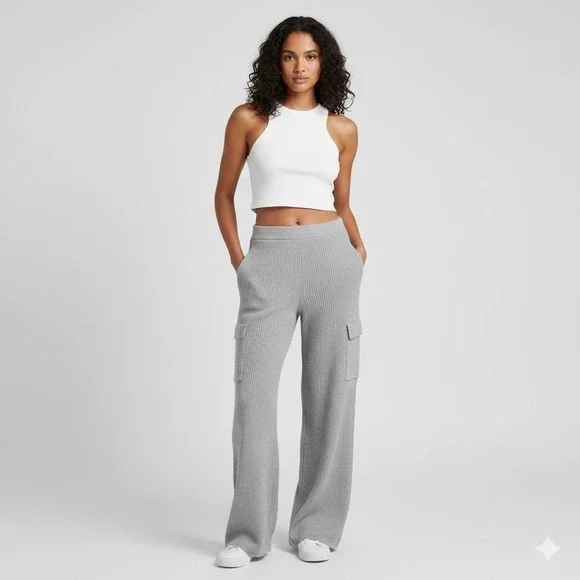 PINK ROSE Grey Wide Leg Cargo Knit Lounge Pants Joggers Womens Small - Picture 1 of 8